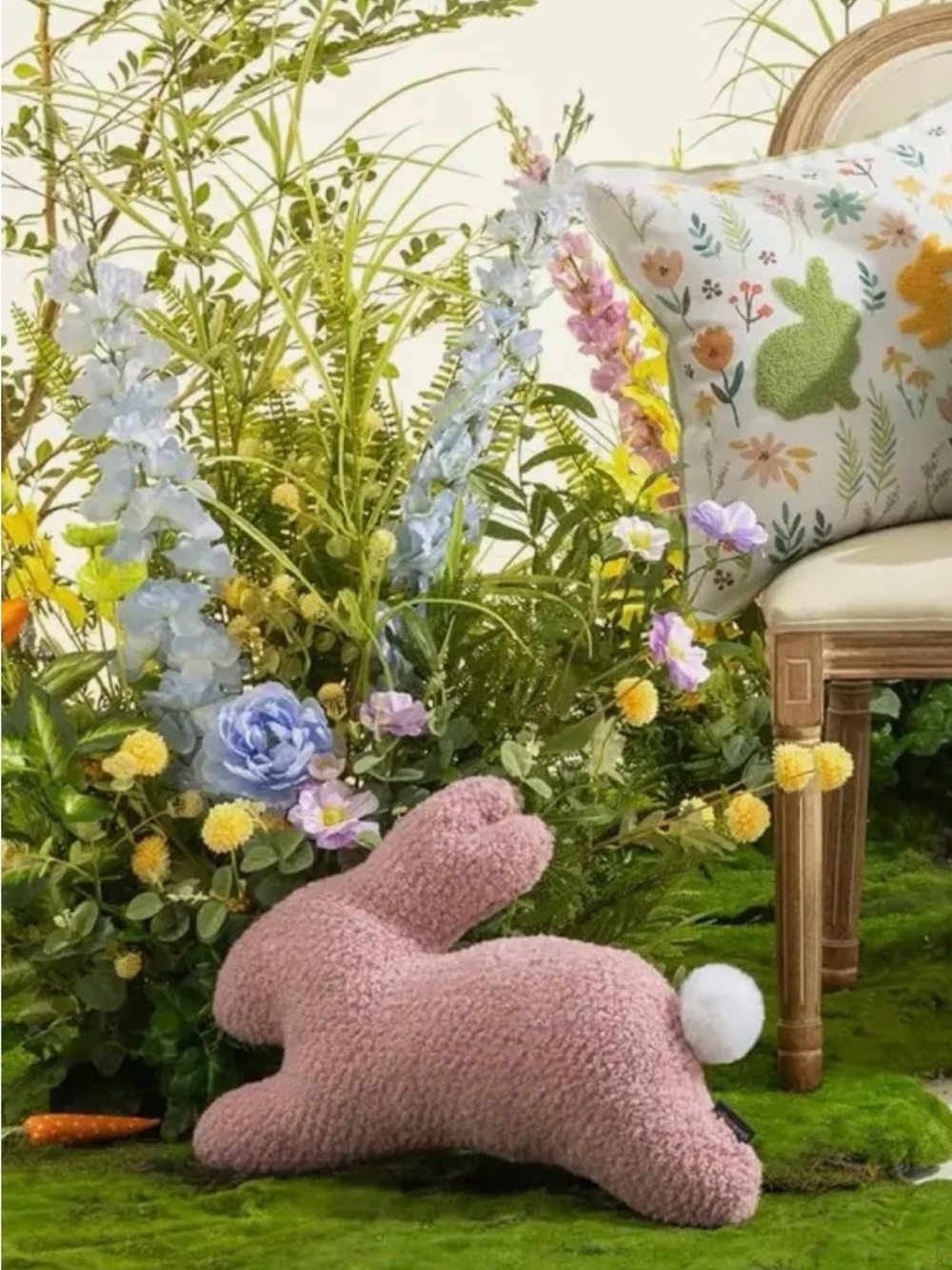 Plush Pink Bunny Pillow with White Pom Tail